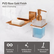Plantex 304 Grade Stainless Steel Soap Dish with Liquid Dispenser/Soap Stand/Shampoo Dispenser for Bathroom/Bathroom Accessories - Pack of 1 (Crystal, PVD Rose Gold)