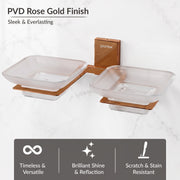 Plantex 304 Grade Stainless Steel Frosted Glass Double Soap Holder/Soap Stand/Dual Soap Dish for Bathroom/Bathroom Accessories - Pack of 1 (Crystal, PVD Rose Gold)