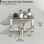 Plantex Bathroom Organiser Without Drill/Stainless Steel Bathroom Accessories Set with Soap Dish and Brush Slots/Hooks/Tumbler Holder/Steel Soap Holder for Bathroom-(2-Tier, Chrome)
