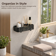 Plantex Self Adhesive Shelf for Bathroom Wall/Aluminium Kitchen Rack Adhesive with Removable Hooks & Magic Stickers/Bathroom Organiser Without Drill (12x5 inches, Matt Black)