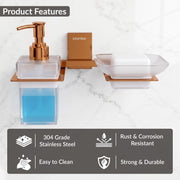 Plantex 304 Grade Stainless Steel Glass Soap Dish with Liquid Dispenser for Bathroom/Soap Stand/Glass Shampoo Dispenser/Bathroom Accessories - Pack of 1 (Crystal, PVD Rose Gold)