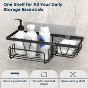 Plantex GI Steel Bathroom Accessories Self Adhesive/Self Adhesive Kitchen Shelf with Side Hooks to Hang Loofah, Soap Holder & Magic Stickers - Black, Powder Coated (Pack of 4)