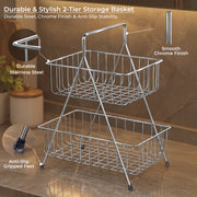 Plantex Fruit Basket for Dining Table/2-Tier Fruit Stand for Kitchen/Vegetable Basket Stand “ Chrome (36.5 x 30.5 x 19 cm)