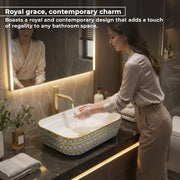 Plantex Designer Wash Basin for Bathroom/Ceramic Table Top Washbasin/Countertop Vessel Sink Basin - (White Art, 20 x 15 x 6 Inch)