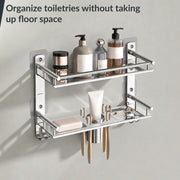 Plantex Bathroom Organiser Without Drill/Stainless Steel Bathroom Accessories Set with Soap Dish and Brush Slots/Hooks/Tumbler Holder/Steel Soap Holder for Bathroom-(2-Tier, Chrome)