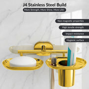 Plantex J4 Stainless Steel Soap Dish with Tumbler Holder/Soap and Brush Holder for Bathrooom/2 in 1 Soap Holder with Toothbrush Holder/Bathroom Accessories (PVD Gold Finish) Onix