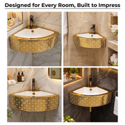 Plantex Ceramic Corner Basin/Wall Mount Washbasin for Bathroom/Small Corner Vessel Sink/Tabletop Wash Basin (Golden Cornia, 18 x 13 x 5 Inch)