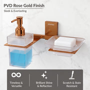 Plantex 304 Grade Stainless Steel Glass Soap Dish with Liquid Dispenser for Bathroom/Soap Stand/Glass Shampoo Dispenser/Bathroom Accessories - Pack of 1 (Crystal, PVD Rose Gold)