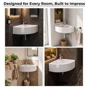 Plantex White Ceramic Corner Washbasin/Wall Mount Basin for Bathroom/Wall Hung Wash Basin/Small Corner Sink/10 Years Glaze Warranty by Plantex (Cornia - 16 x 16 x 10 Inch)