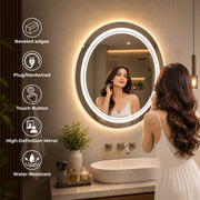 Plantex Glass Mirror With Light With 3 Tone/Touch Wall Mount Mirror For Bedroom/Dressing Room/Living Room - Round Shape (24 Inch), White