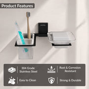 Plantex 304 Grade Stainless Steel Glass Soap Dish with Tumbler Holder/Soap Stand/Bathroom Accessories - Crystal (Black)