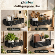 Plantex Self Adhesive Shelf for Bathroom Wall/Aluminium Kitchen Rack Adhesive with Removable Hooks & Magic Stickers/Bathroom Organiser Without Drill (12x5 inches, Matt Black)
