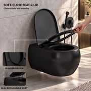 Plantex Imported Ceramic Wall Hung Commode/Rimless Washdown Western Toilet/P Trap Western Commode with Soft Close Toilet Seat (Matt Black)