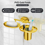 Plantex J4 Stainless Steel Soap Dish with Tumbler Holder/Soap and Brush Holder for Bathrooom/2 in 1 Soap Holder with Toothbrush Holder/Bathroom Accessories (PVD Gold Finish) Onix