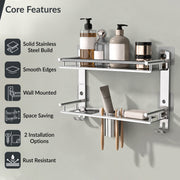 Plantex Bathroom Organiser Without Drill/Stainless Steel Bathroom Accessories Set with Soap Dish and Brush Slots/Hooks/Tumbler Holder/Steel Soap Holder for Bathroom-(2-Tier, Chrome)