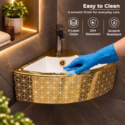 Plantex Ceramic Corner Basin/Wall Mount Washbasin for Bathroom/Small Corner Vessel Sink/Tabletop Wash Basin (Golden Cornia, 18 x 13 x 5 Inch)