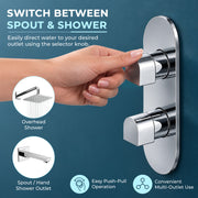 Plantex 3 Way Thermostatic Shower Diverter/Pure Brass Concealed & Exposed 3-Outlet Mixer Valve Body/Multi-Function Bathroom Diverter with Button Control - Chrome (TSP-095A)