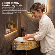 Plantex Ceramic Corner Basin/Wall Mount Washbasin for Bathroom/Small Corner Vessel Sink/Tabletop Wash Basin (Golden Cornia, 18 x 13 x 5 Inch)