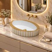 Plantex Ceramic Washbasin/Designer Basin for Bathroom/Oval Tabletop Basin/Countertop Vessel Sink for Home/Office/Restaurant (Gold & White - 24 x 14 x 10 Inch)