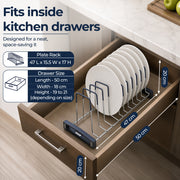 Plantex Plate Holder Stand for Kitchen/Stainless Steel Plate Organizer Rack/10-Slot Thali Stand for Kitchen Drawer/Tandem Box Accessories - (Size-8 inches, Slot- 10, Pack of 1)