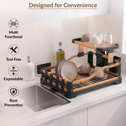 Plantex Fold Flat Dish Drying Rack/Aluminium 2-Tier Dish Rack with Drainboard/Vessel Drainer Basket/Plate Holder Stand/Kitchen Rack - Pack of 1 (Gold & Black)
