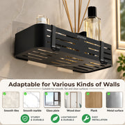Plantex Self Adhesive Shelf for Bathroom Wall/Aluminium Kitchen Rack Adhesive with Removable Hooks & Magic Stickers/Bathroom Organiser Without Drill (12x5 inches, Matt Black)