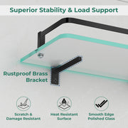 Plantex Shelf for Bathroom/Frosted Glass Shelf with Brass Railing and Brackets/Wall Mount Shelf for Living Room/Kitchen - Pack of 2 (18 x 6 inch, Black)