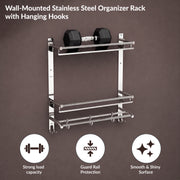 Plantex Bathroom Organiser with Drill/3 Tier Bathroom Accessories Set Stainless Steel/Bathroom Self Rack with Towel Hanger and Hooks/Wall Mount Rack Multipurpose(3-Tier Chrome)