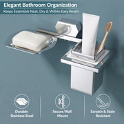 Plantex 304 Grade Stainless Steel 2in1 Soap Dish with Tumbler Holder for Bathroom/Toothbrush Holder with Soap Case/Soap Holder/Tumbler Holder - Bathroom Accessories (Delta, Chrome)