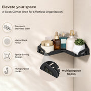 Plantex Corner Shelf for Bathroom/Stainless Steel Corner Bathroom Shelf/Drill Free Installation/Self-Adhesive Wall Mount Corner - Pack of 2 (10 X 10 Inch, Black)