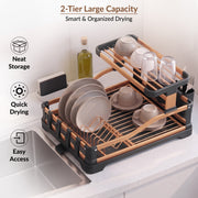 Plantex Fold Flat Dish Drying Rack/Aluminium 2-Tier Dish Rack with Drainboard/Vessel Drainer Basket/Plate Holder Stand/Kitchen Rack - Pack of 1 (Gold & Black)