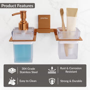 Plantex 304 Grade Stainless Steel Glass Liquid Dispenser with Tumbler Holder/Toothbrush Holder/Shampoo Dispenser for Washbasin/Kitchen/Bathroom Accessories - Pack of 1 (Crystal, PVD Rose Gold)