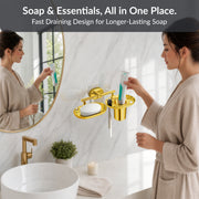 Plantex J4 Stainless Steel Soap Dish with Tumbler Holder/Soap and Brush Holder for Bathrooom/2 in 1 Soap Holder with Toothbrush Holder/Bathroom Accessories (PVD Gold Finish) Onix