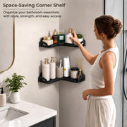 Plantex Corner Shelf for Bathroom/Stainless Steel Corner Bathroom Shelf/Drill Free Installation/Self-Adhesive Wall Mount Corner - Pack of 2 (10 X 10 Inch, Black)