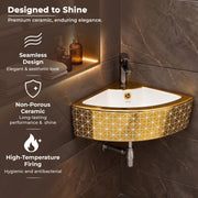 Plantex Ceramic Corner Basin/Wall Mount Washbasin for Bathroom/Small Corner Vessel Sink/Tabletop Wash Basin (Golden Cornia, 18 x 13 x 5 Inch)