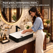 Plantex Ceramic Wash Basin for Bathroom/Tabletop Washbasin/Counter Top Black Washbasin/Vessel Sink (White & Black-25x14x5 Inch)