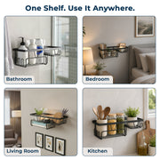 Plantex GI Steel Bathroom Accessories Self Adhesive/Self Adhesive Kitchen Shelf with Side Hooks to Hang Loofah, Soap Holder & Magic Stickers - Black, Powder Coated (Pack of 4)