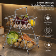 Plantex Fruit Basket for Dining Table/2-Tier Fruit Stand for Kitchen/Vegetable Basket Stand “ Chrome (36.5 x 30.5 x 19 cm)