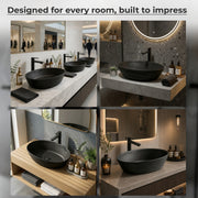 Plantex Designer Ceramic Basin/Table Top Wash Basin for Bathroom/Countertop Vessel Sink Basin for Home/Office/Restaurant (Matt Black, 22 x 14 x 7 Inch)