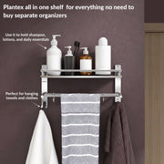 Plantex Stainless Steel Bathroom Shelf/Bathroom Stand for Wall/Bathroom Racks and Shelves with Hooks & Towel Holder/Bathroom Organiser with Drill (2-Tier, Chrome, Polished)