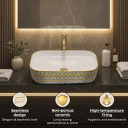 Plantex Designer Wash Basin for Bathroom/Ceramic Table Top Washbasin/Countertop Vessel Sink Basin - (White Art, 20 x 15 x 6 Inch)
