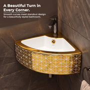 Plantex Ceramic Corner Basin/Wall Mount Washbasin for Bathroom/Small Corner Vessel Sink/Tabletop Wash Basin (Golden Cornia, 18 x 13 x 5 Inch)