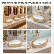 Plantex Ceramic Washbasin/Designer Basin for Bathroom/Oval Tabletop Basin/Countertop Vessel Sink for Home/Office/Restaurant (Gold & White - 24 x 14 x 10 Inch)