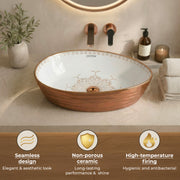 Plantex Designer Ceramic Basin/Table Top Wash Basin for Bathroom/Countertop Vessel Sink Basin for Home/Office/Restaurant (White & Rose Gold, 22 x 14 x 7 Inch)