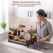Plantex Fold Flat Dish Drying Rack/Aluminium 2-Tier Dish Rack with Drainboard/Vessel Drainer Basket/Plate Holder Stand/Kitchen Rack - Pack of 1 (Gold & Black)