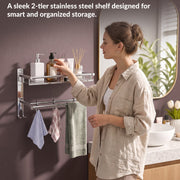 Plantex Stainless Steel Bathroom Shelf/Bathroom Stand for Wall/Bathroom Racks and Shelves with Hooks & Towel Holder/Bathroom Organiser with Drill (2-Tier, Chrome, Polished)