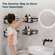 Plantex GI Steel Bathroom Accessories Self Adhesive/Self Adhesive Kitchen Shelf with Side Hooks to Hang Loofah, Soap Holder & Magic Stickers - Black, Powder Coated (Pack of 4)