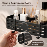 Plantex Self Adhesive Shelf for Bathroom Wall/Aluminium Kitchen Rack Adhesive with Removable Hooks & Magic Stickers/Bathroom Organiser Without Drill (12x5 inches, Matt Black)