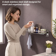 Plantex Bathroom Rack Steel/Bathroom Accessories Set Stainless Steel/Bathroom Organizer with Hooks and Railings for Kitchen/Multipurpose Bathroom Stand(16x5 inch, Chrome)