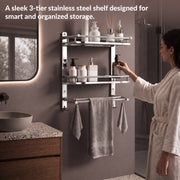 Plantex Bathroom Organiser with Drill/3 Tier Bathroom Accessories Set Stainless Steel/Bathroom Self Rack with Towel Hanger and Hooks/Wall Mount Rack Multipurpose(3-Tier Chrome)
